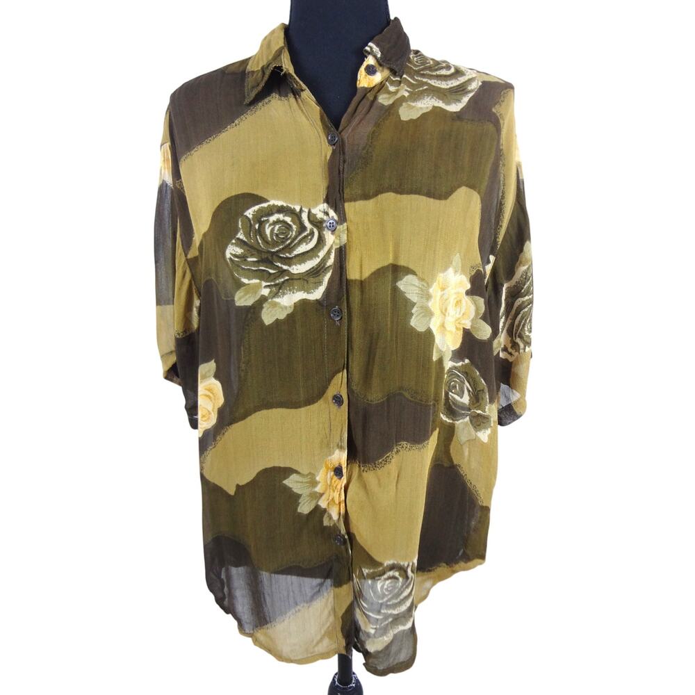 Vintage 90s Tina Army Green Yellow Button Down Sheer Top Roses Boho Medium Camo